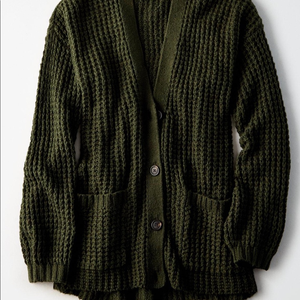 American Eagle Slouchy Waffle Olive Cardigan